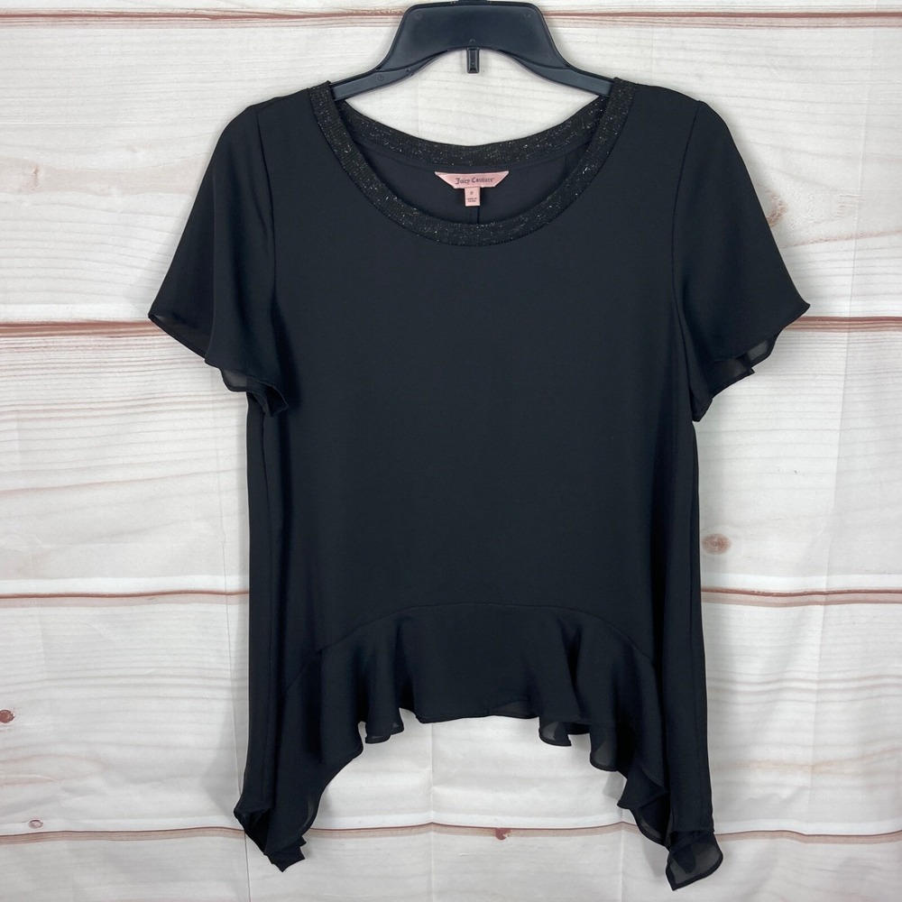 Juicy Couture Top Womens S Black Chiffon Blouse Short Sleeve Ruffle Hem Pullover